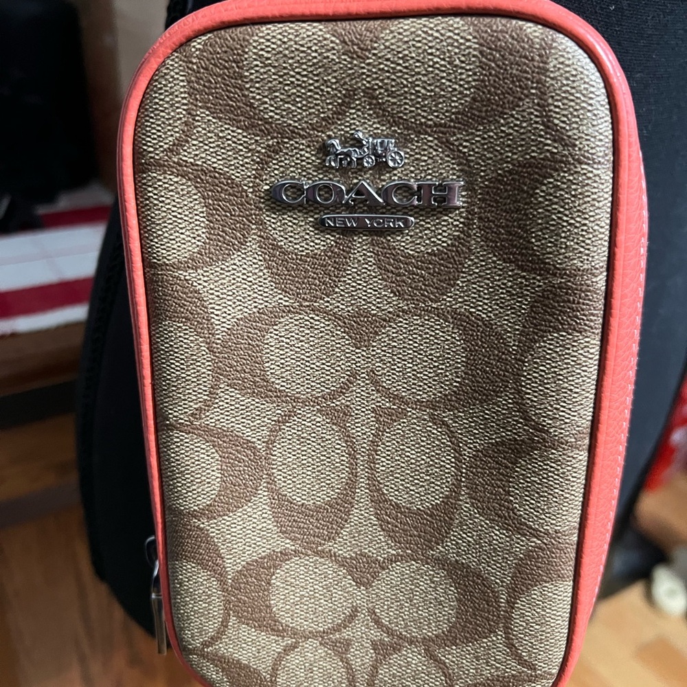 Coach Signature Crossbody Pouch with Coral Trim